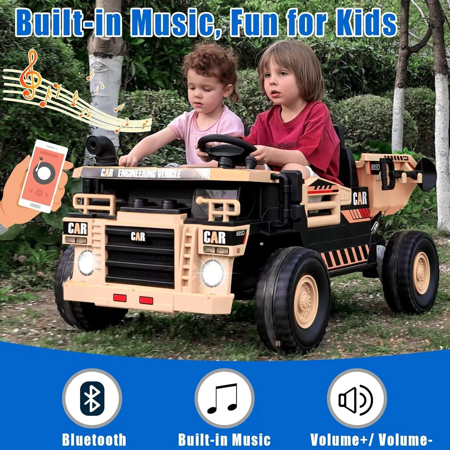 Electric Dump Truck Ride on with Dump Bed and Shovel 12V 4WD Ride on Car for Kids with Remote Control, Ride on Construction Vehicle with, Bluetooth, Music, 2 Seater Soft Start for Kids