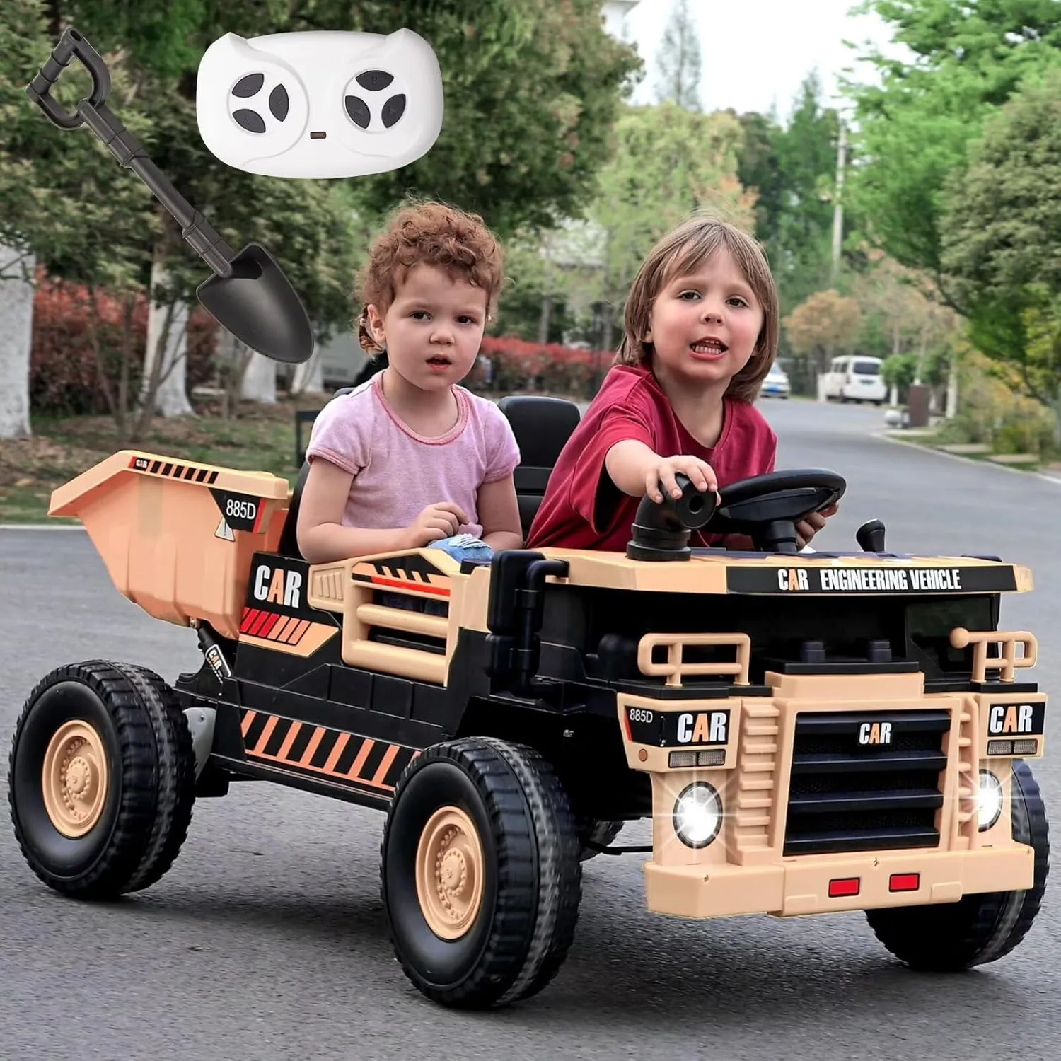Electric Dump Truck Ride on with Dump Bed and Shovel 12V 4WD Ride on Car for Kids with Remote Control, Ride on Construction Vehicle with, Bluetooth, Music, 2 Seater Soft Start for Kids