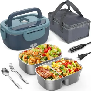 Electric Lunch Box with 2 Stainless Steel Containers, 60-80W Heated Lunch Box for Adults, 12V 24V 110V 220V Portable Food Warmer LunchBox for Car Truck Work, Driver Trucker Gift