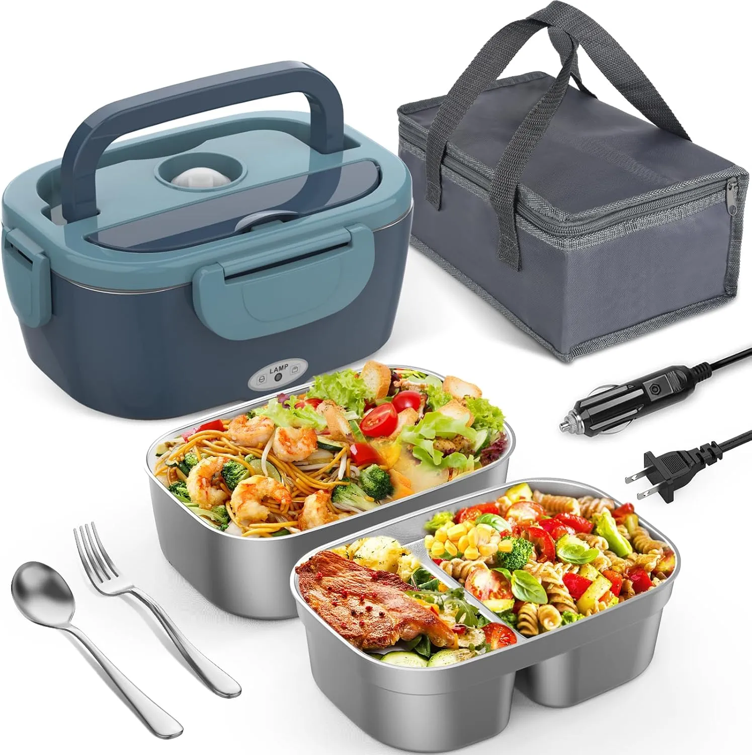 Electric Lunch Box with 2 Stainless Steel Containers, 60-80W Heated Lunch Box for Adults, 12V 24V 110V 220V Portable Food Warmer LunchBox for Car Truck Work, Driver Trucker Gift