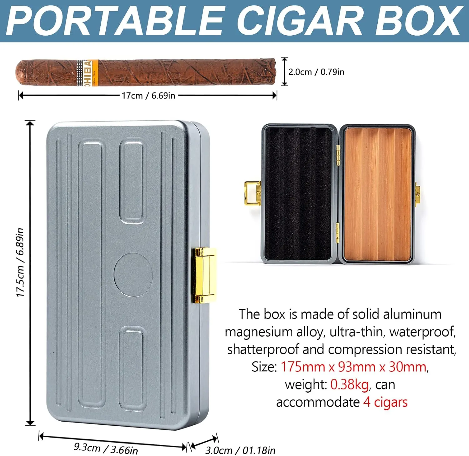 Elegant Cigar Box with Spanish Cedar Tray for Men and Women - Portable Cigar Case Travel Bag (Grey)