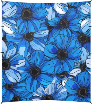 Elegant Vibrant Blue Flowers Black Foldable Beach Canopy UPF50  Protection Water-Resistant Portable Sun Shelter with Sandbags & Sand Shovel for Backyard, Grassland, Park