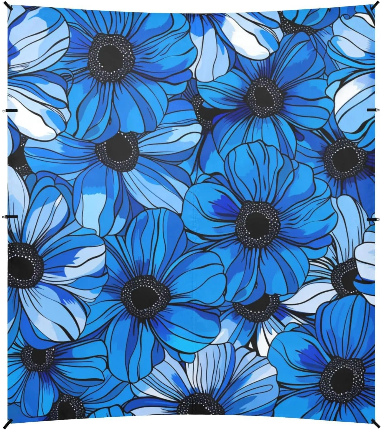 Elegant Vibrant Blue Flowers Black Foldable Beach Canopy UPF50  Protection Water-Resistant Portable Sun Shelter with Sandbags & Sand Shovel for Backyard, Grassland, Park