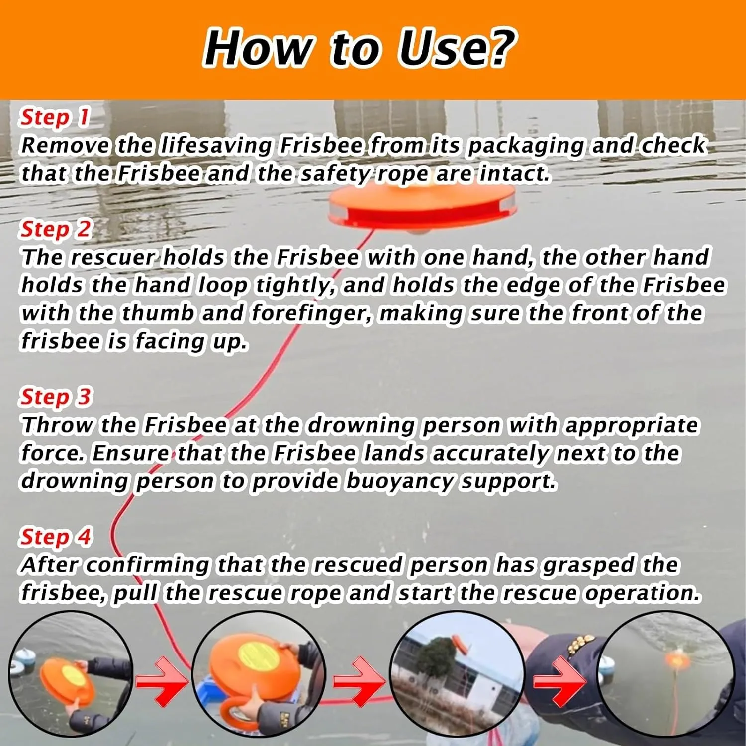 Emergency Rescue Disc , Orange Portable Water Life Saving Frisbee For Adults/Kids, With 131ft Rope, High-Visibility Water Rescue Tool Set ,Marine Handthrow Life Saving Device For Flood Relief(1 piece)
