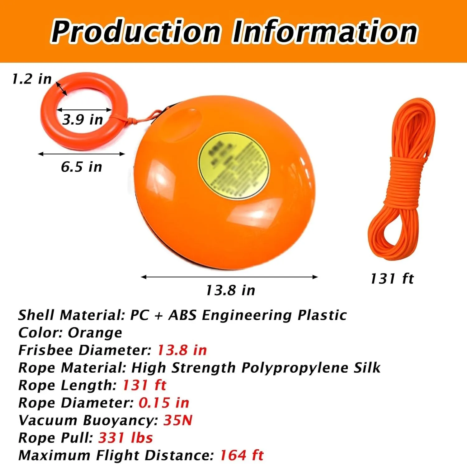 Emergency Rescue Disc , Orange Portable Water Life Saving Frisbee For Adults/Kids, With 131ft Rope, High-Visibility Water Rescue Tool Set ,Marine Handthrow Life Saving Device For Flood Relief(1 piece)
