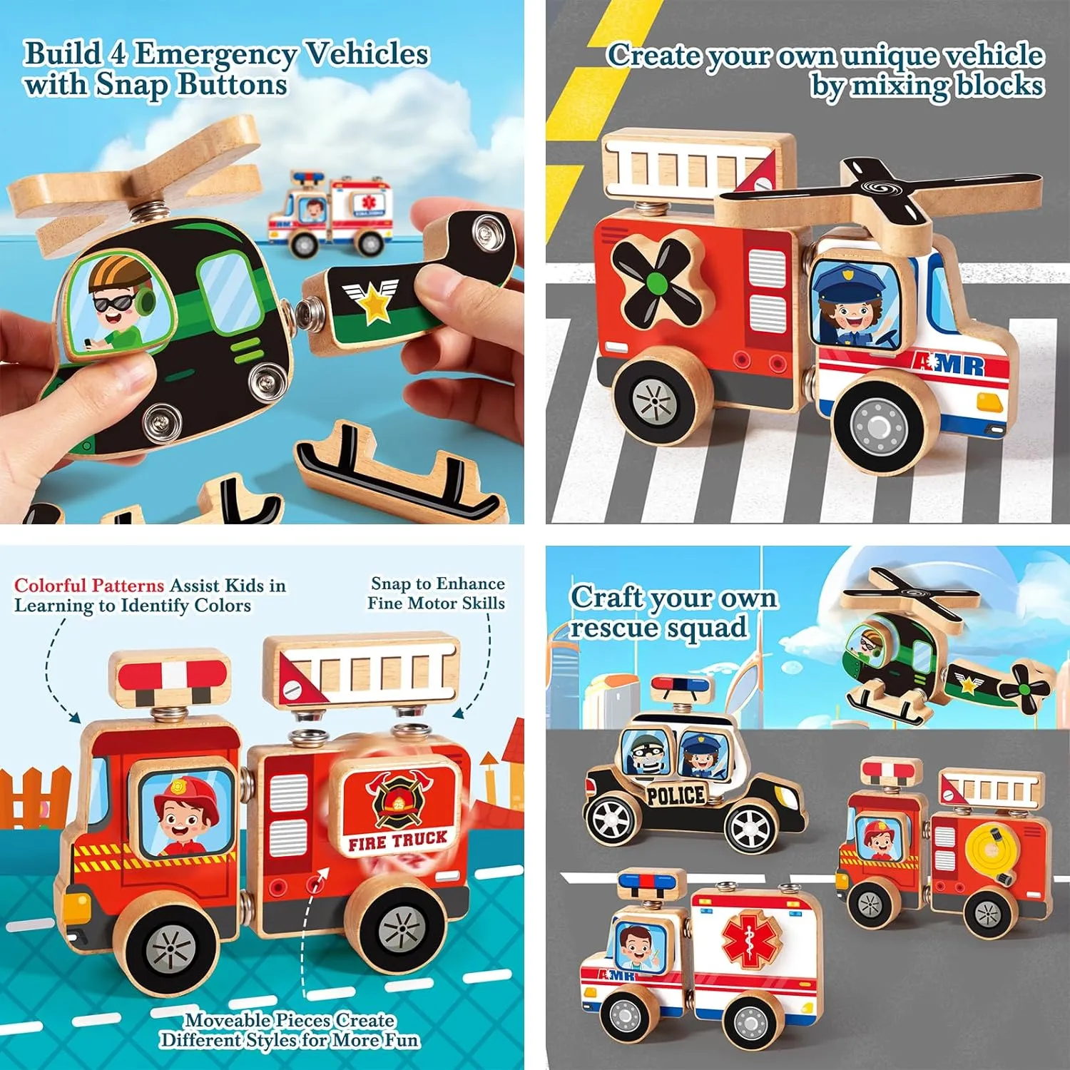 Emergency Vehicles 3D Puzzle Toy, HUZU Rescue Squad Wooden Snap Button Connection Building Blocks for Kids 3-8, Fire Truck Ambulance Police Car Helicopter Montessori Gifts for Preschool Children