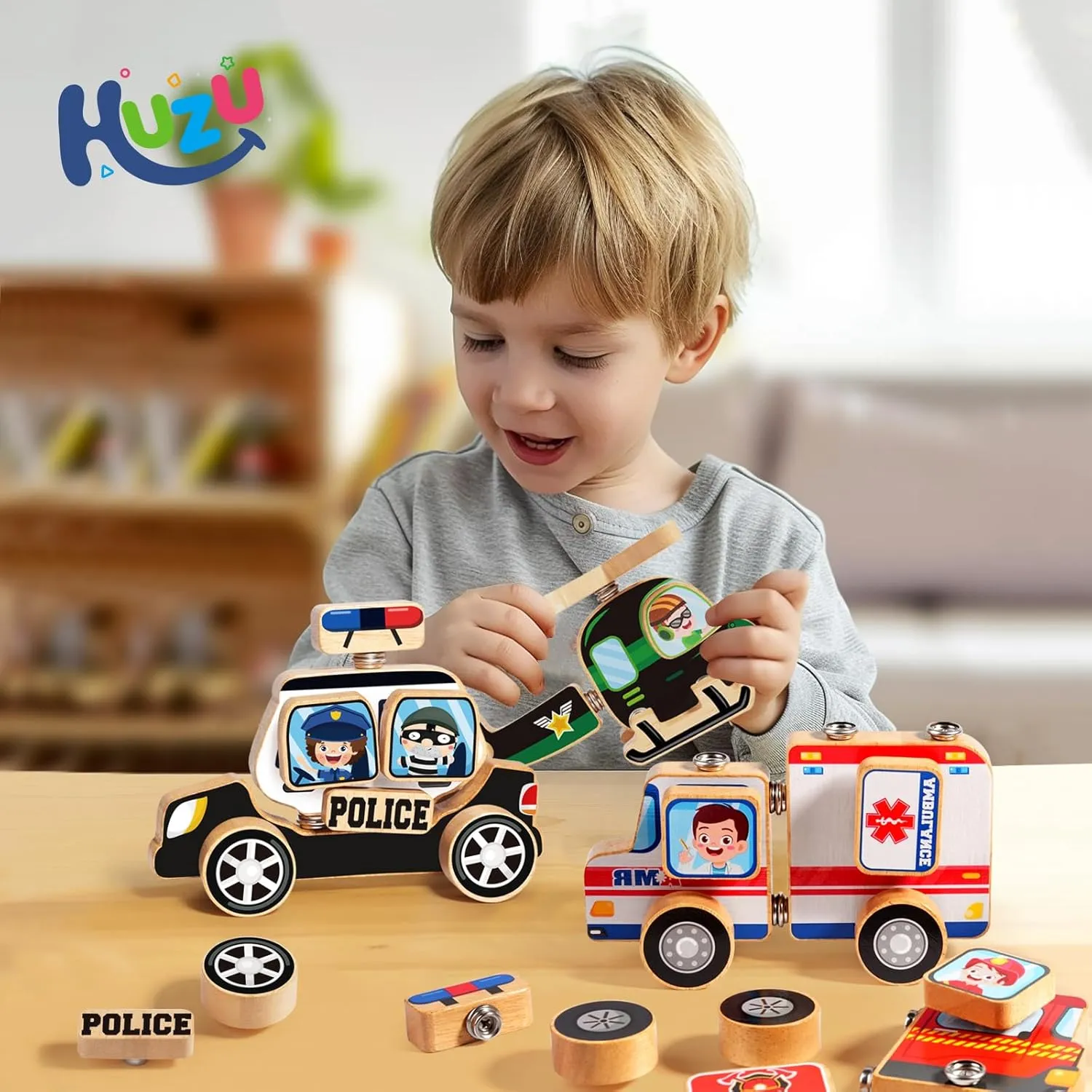 Emergency Vehicles 3D Puzzle Toy, HUZU Rescue Squad Wooden Snap Button Connection Building Blocks for Kids 3-8, Fire Truck Ambulance Police Car Helicopter Montessori Gifts for Preschool Children