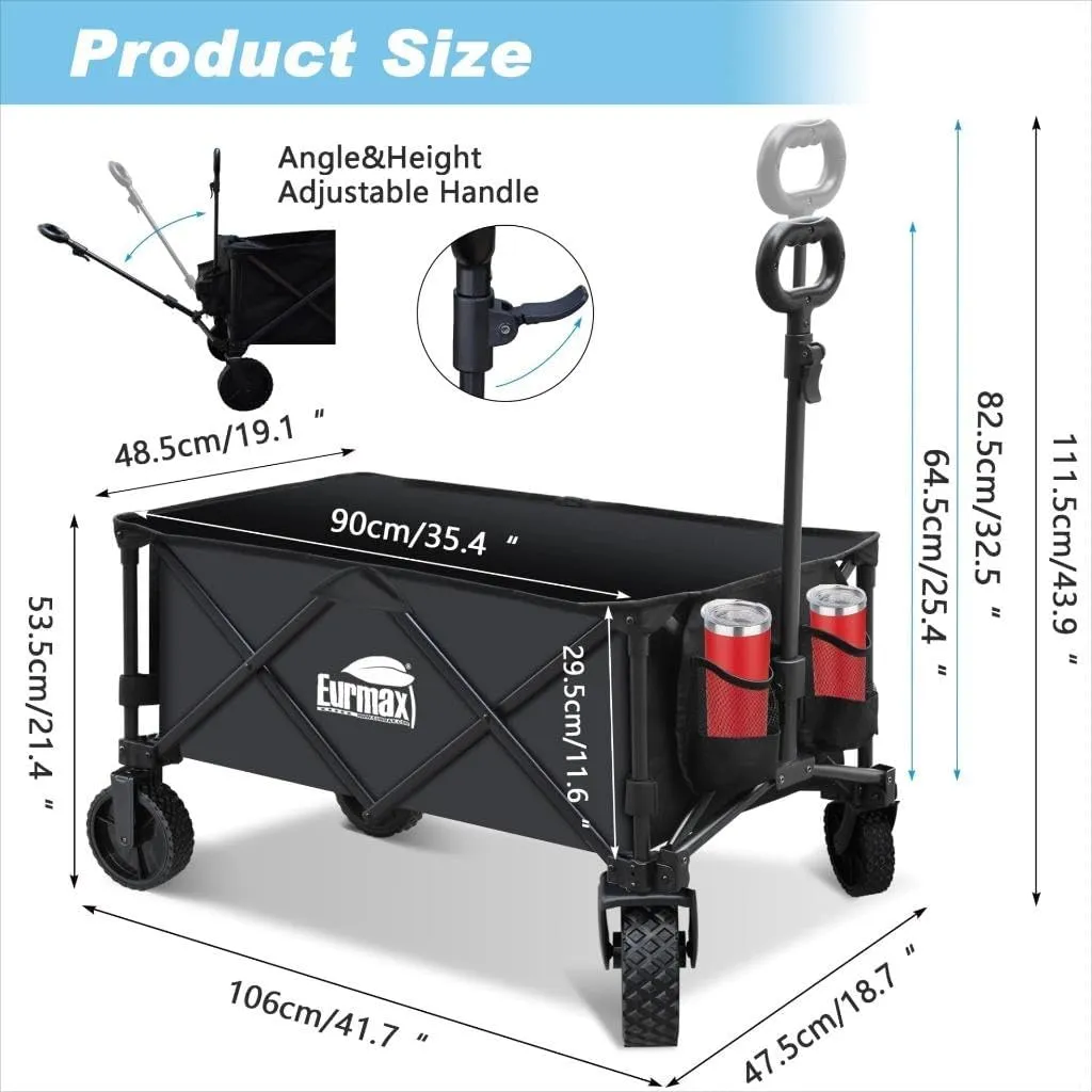 Eurmax USA Collapsible Outdoor Folding Wagon Cart All-Terrain Utility Wagon Heavy Duty Camping Patio Shopping Garden Sporting Wagon Cart with Side Bag & Cup Holder（Blue）