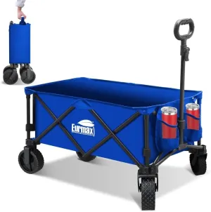 Eurmax USA Collapsible Outdoor Folding Wagon Cart All-Terrain Utility Wagon Heavy Duty Camping Patio Shopping Garden Sporting Wagon Cart with Side Bag & Cup Holder（Blue）