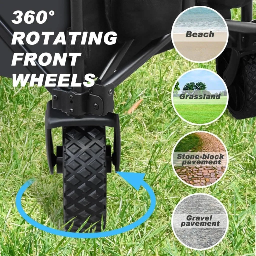 Eurmax USA Collapsible Outdoor Folding Wagon Cart All-Terrain Utility Wagon Heavy Duty Camping Patio Shopping Garden Sporting Wagon Cart with Side Bag & Cup Holder（Blue）