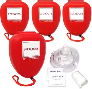 EverOne CPR Rescue Mask, Adult/Child Pocket Resuscitator, Hard Case with Wrist Strap   Gloves & Wipes - 4 Pack