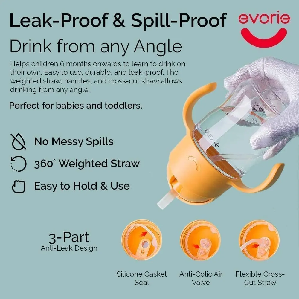 Evorie Tritan Weighted Straw Sippy Cup with Handles for Baby and Toddlers 6 months up, 7 Oz Soft Silicone Straw Infant First Training Water Bottle (Brown)