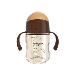 Evorie Tritan Weighted Straw Sippy Cup with Handles for Baby and Toddlers 6 months up, 7 Oz Soft Silicone Straw Infant First Training Water Bottle (Brown)