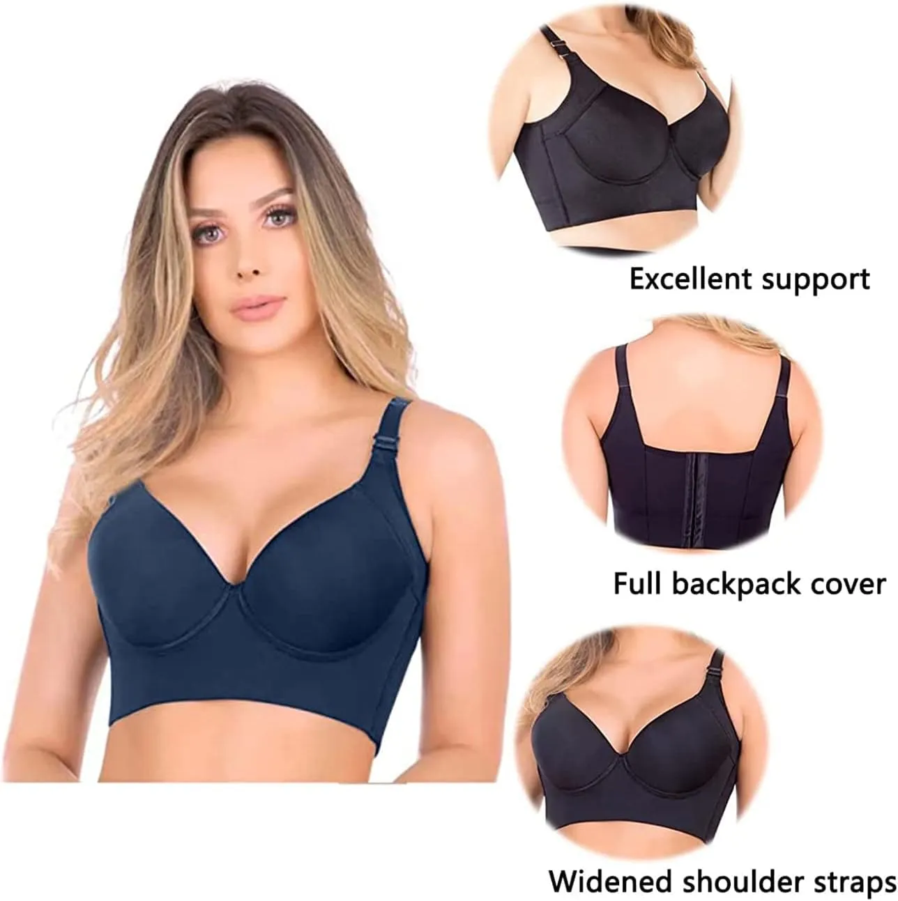Fashion Deep Cup Bra Hides Back Fat Full Back Coverage Bra with Shapewear Incorporated Plus Size Push Up Sports Bra