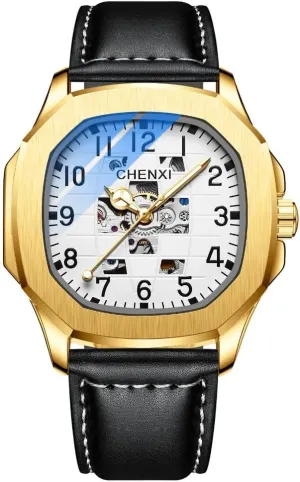 Fashion New Men Leather Square Dial Automatic Mechanical Watch Waterproof Luminous Full-automatic Hollow Stainless Steel Luxury Wristwatches