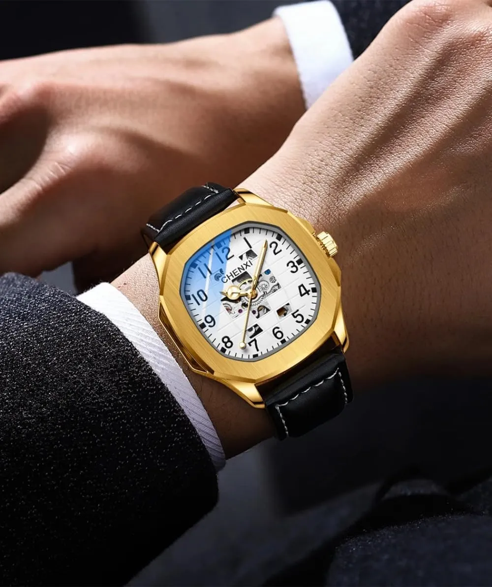 Fashion New Men Leather Square Dial Automatic Mechanical Watch Waterproof Luminous Full-automatic Hollow Stainless Steel Luxury Wristwatches