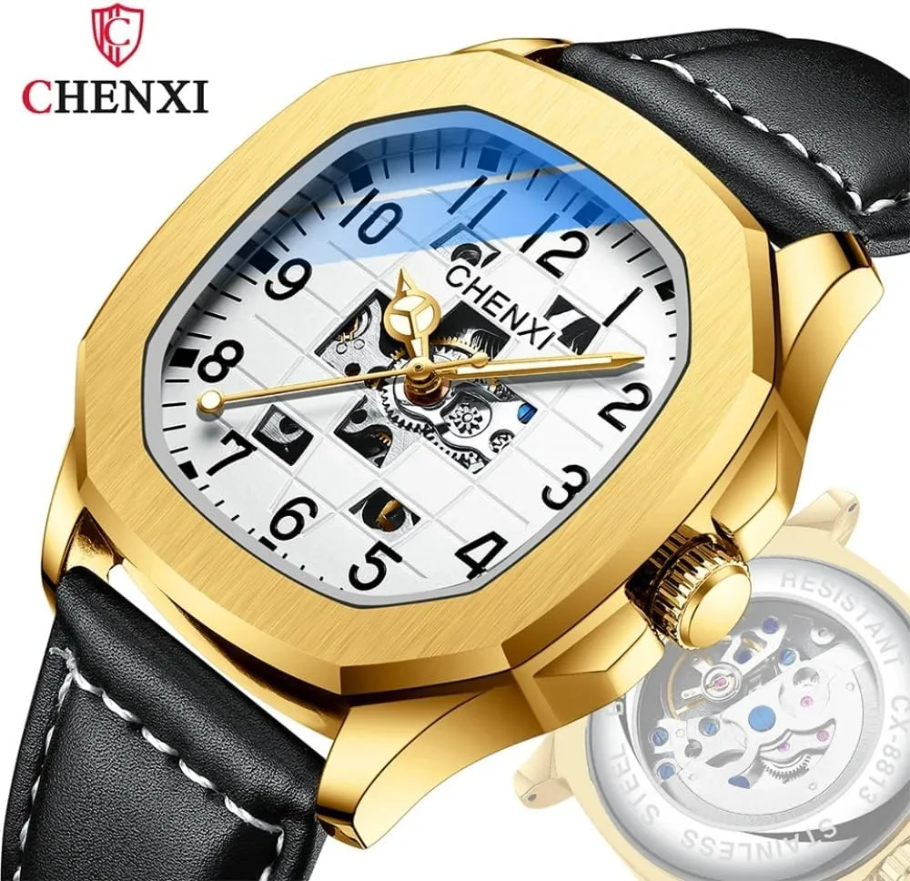 Fashion New Men Leather Square Dial Automatic Mechanical Watch Waterproof Luminous Full-automatic Hollow Stainless Steel Luxury Wristwatches
