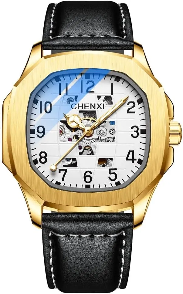 Fashion New Men Leather Square Dial Automatic Mechanical Watch Waterproof Luminous Full-automatic Hollow Stainless Steel Luxury Wristwatches