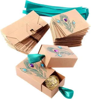 Faylapa Suitcase Candy Boxes, Party Favor Candy Box, Vintage Kraft Paper Gift Bag for Travel Theme Party,Wedding,Birthday,Bridal Shower (Peacock Feather 50pcs)