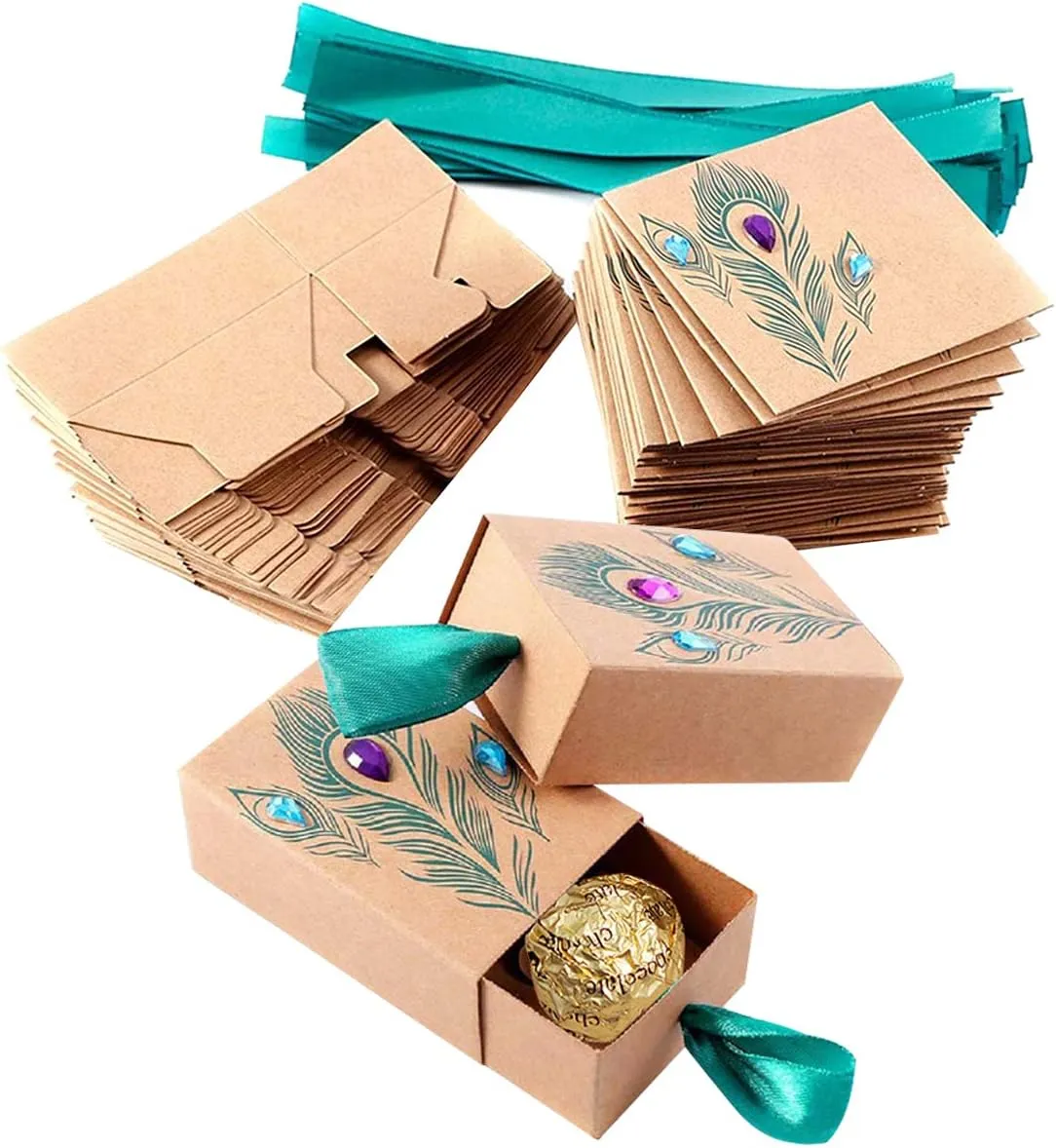 Faylapa Suitcase Candy Boxes, Party Favor Candy Box, Vintage Kraft Paper Gift Bag for Travel Theme Party,Wedding,Birthday,Bridal Shower (Peacock Feather 50pcs)