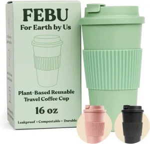 FEBU Plant-Based Reusable Coffee Cup With Lid and Sleeve | 16oz, Sage Green | Portable Travel Mug made from Bamboo | Dishwasher Safe, Zero Waste, Plastic Free With Leak-Proof Screw-on Lid