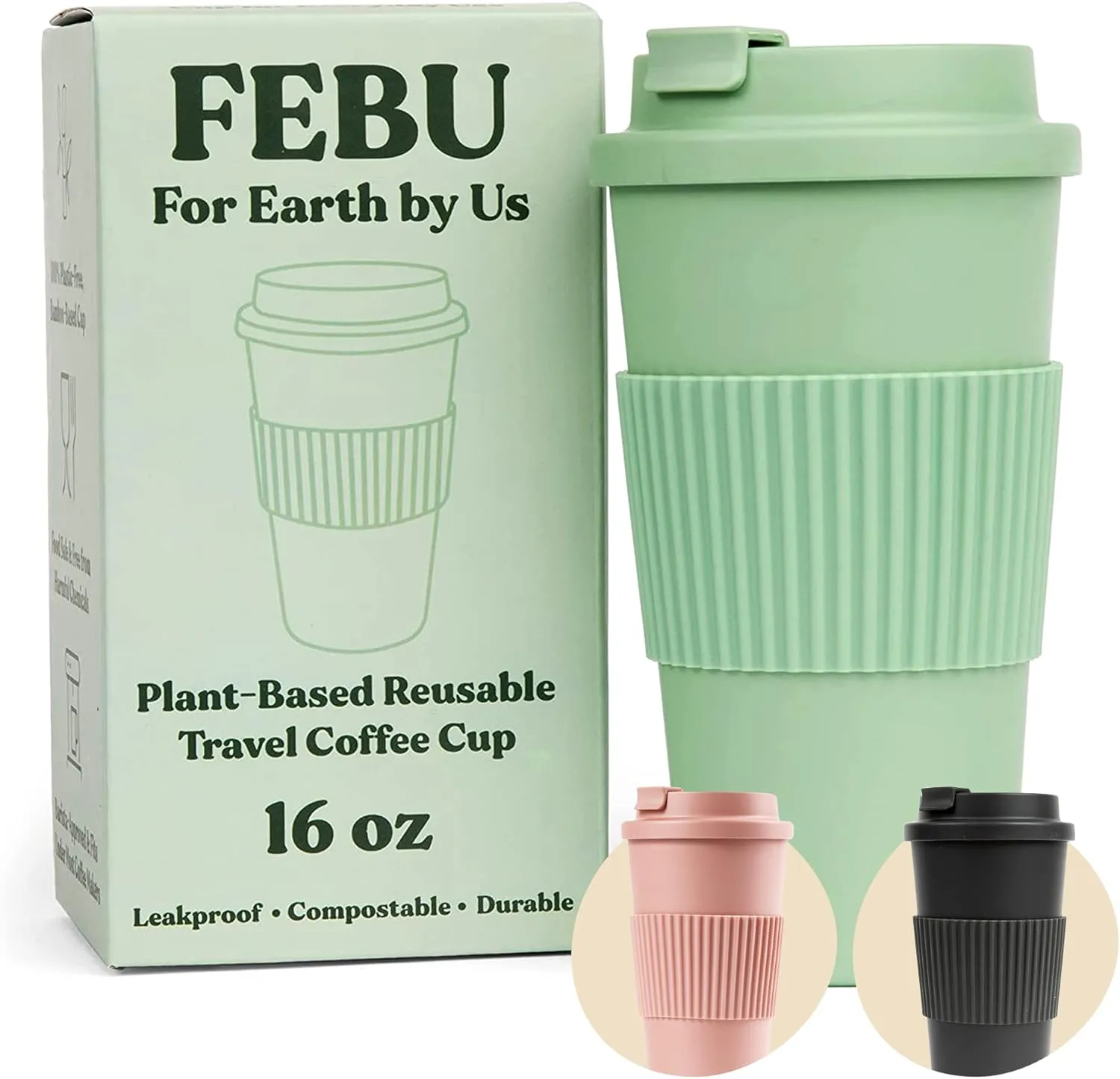 FEBU Plant-Based Reusable Coffee Cup With Lid and Sleeve | 16oz, Sage Green | Portable Travel Mug made from Bamboo | Dishwasher Safe, Zero Waste, Plastic Free With Leak-Proof Screw-on Lid
