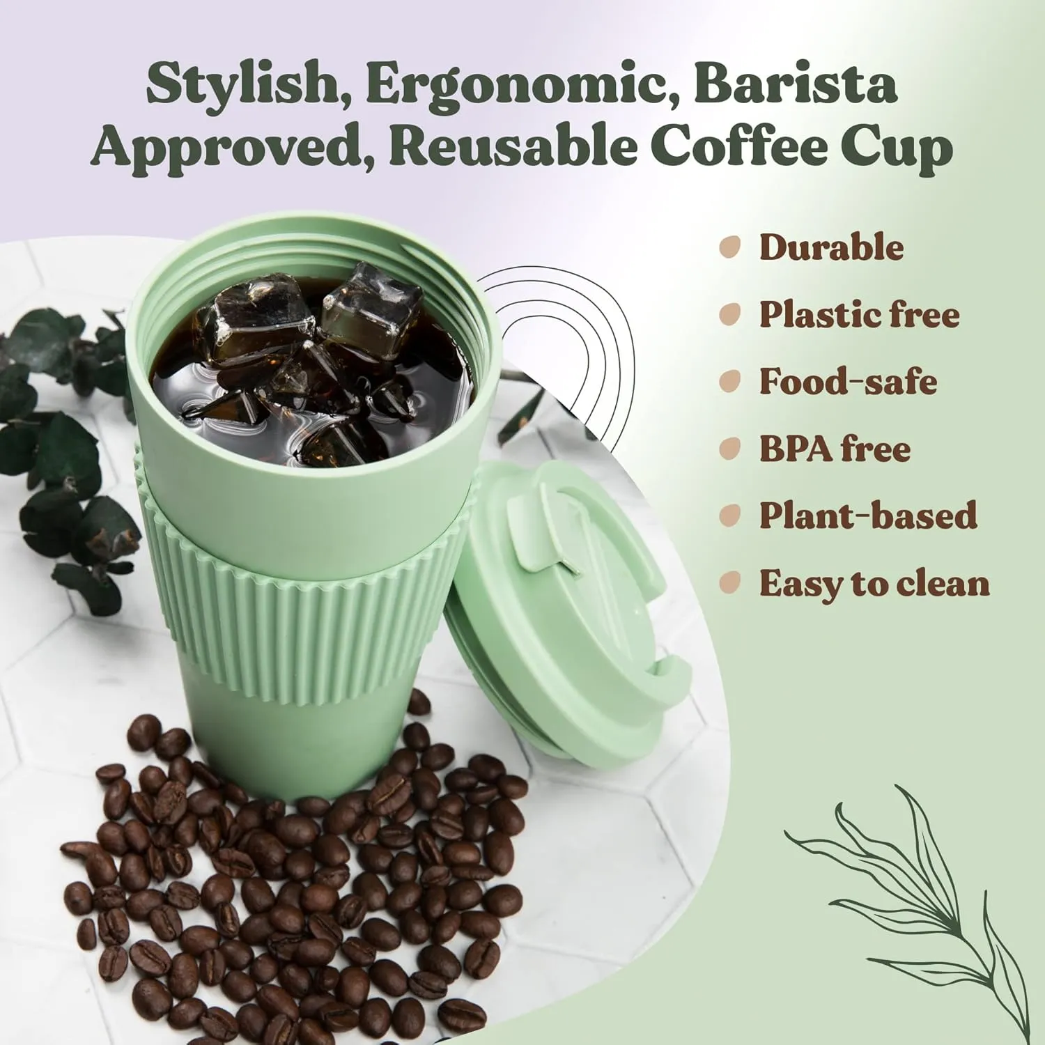 FEBU Plant-Based Reusable Coffee Cup With Lid and Sleeve | 16oz, Sage Green | Portable Travel Mug made from Bamboo | Dishwasher Safe, Zero Waste, Plastic Free With Leak-Proof Screw-on Lid