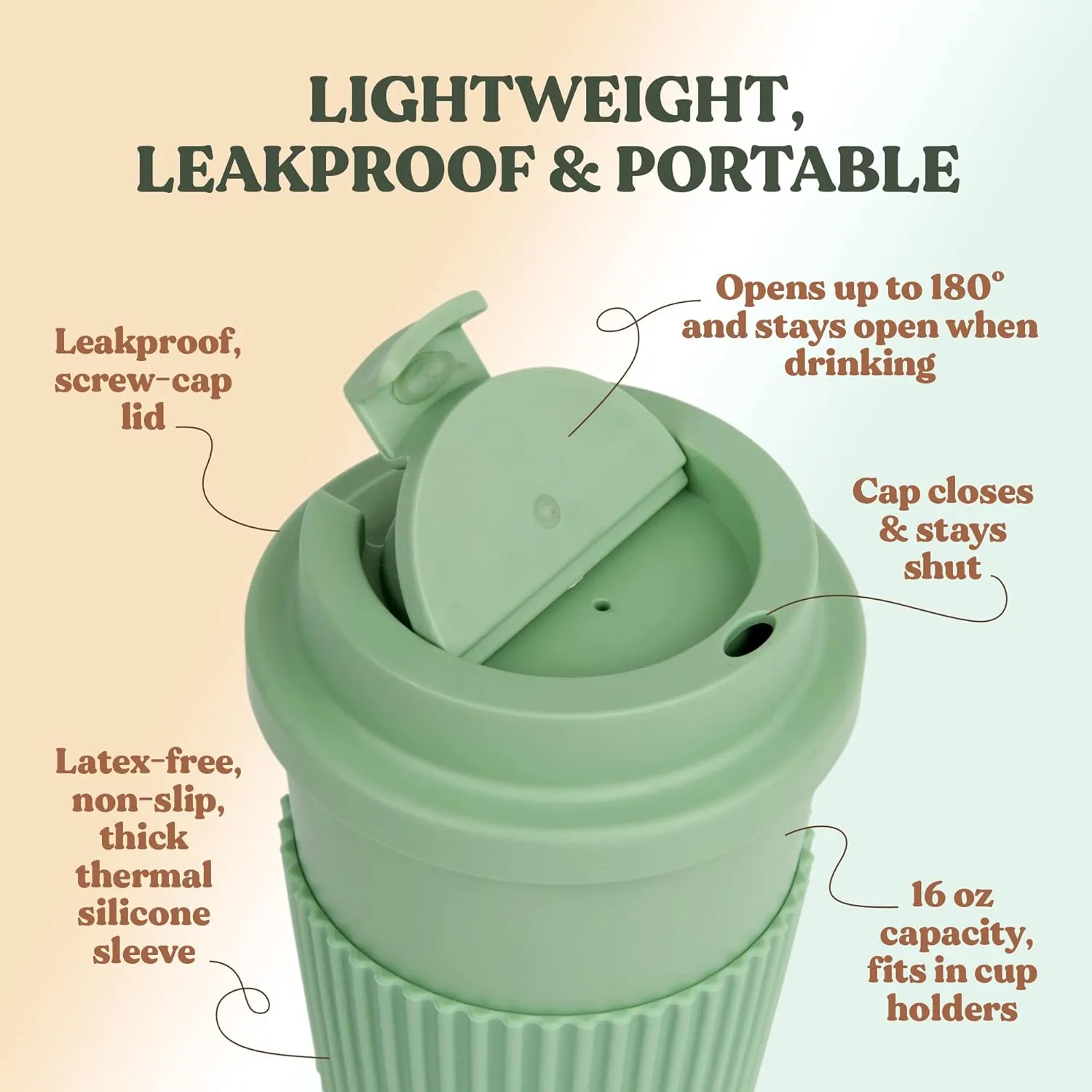 FEBU Plant-Based Reusable Coffee Cup With Lid and Sleeve | 16oz, Sage Green | Portable Travel Mug made from Bamboo | Dishwasher Safe, Zero Waste, Plastic Free With Leak-Proof Screw-on Lid