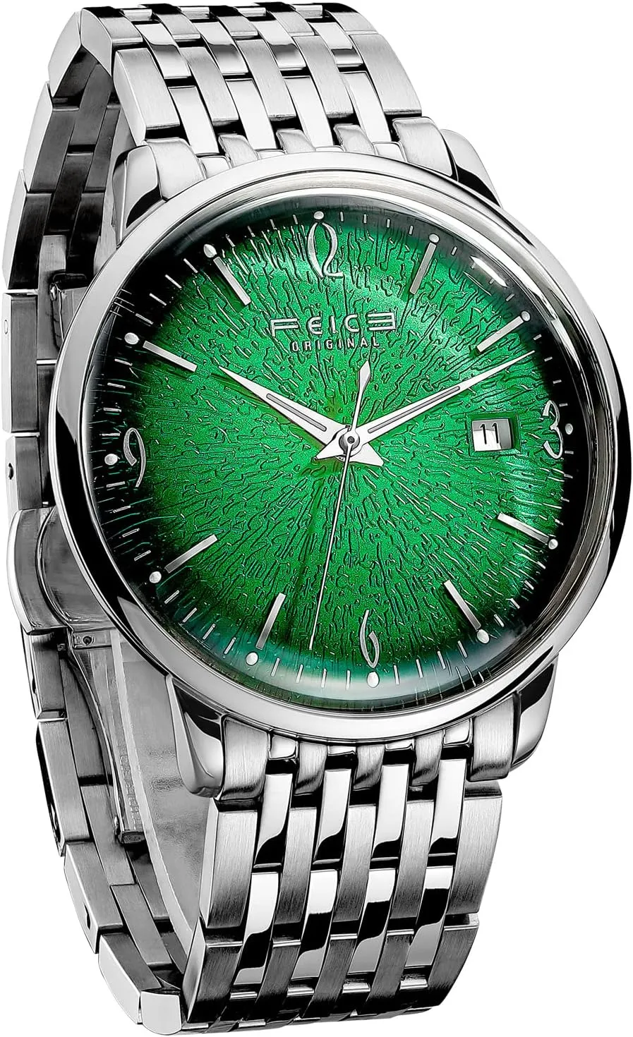 FEICE Mens Vintage Watches Luminous Automatic Silver Stainless Steel Watch Green Dial Mechanical Wristwatch Waterproof Business Dress Watch for Men FF221NEW