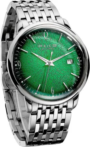 FEICE Mens Vintage Watches Luminous Automatic Silver Stainless Steel Watch Green Dial Mechanical Wristwatch Waterproof Business Dress Watch for Men FF221NEW