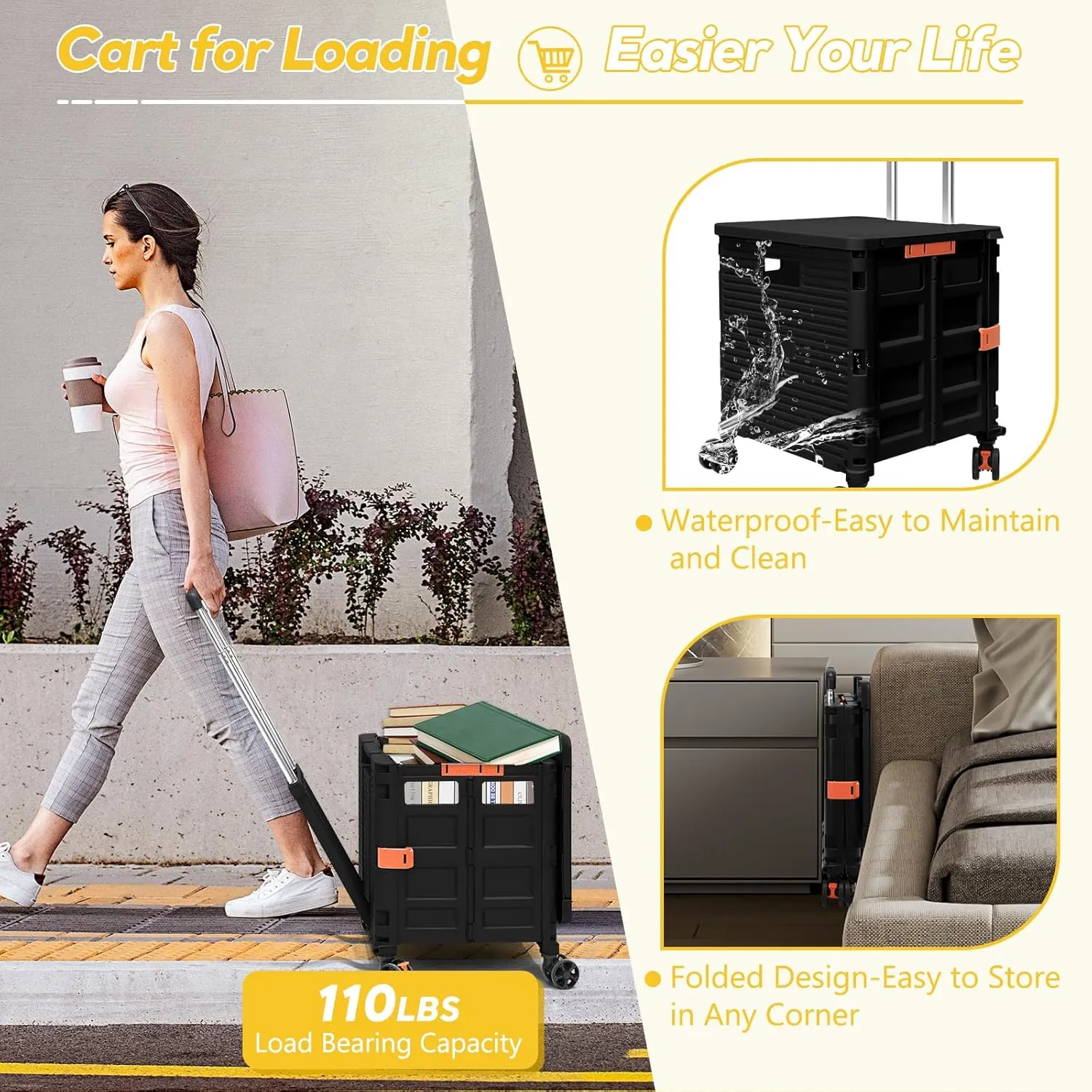 FELICON SELORSS Folding Utility Cart Rolling Crate Tote Basket Box Storage Handcart on 4 Swivel Wheels with Adjustable Handle Extended Magnetic Lid for Teacher Move Shop Travel Grocery Office(Black)