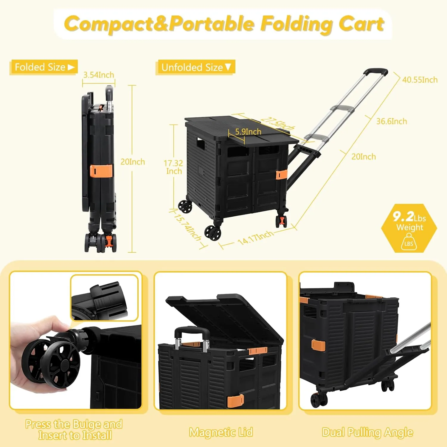 FELICON SELORSS Folding Utility Cart Rolling Crate Tote Basket Box Storage Handcart on 4 Swivel Wheels with Adjustable Handle Extended Magnetic Lid for Teacher Move Shop Travel Grocery Office(Black)