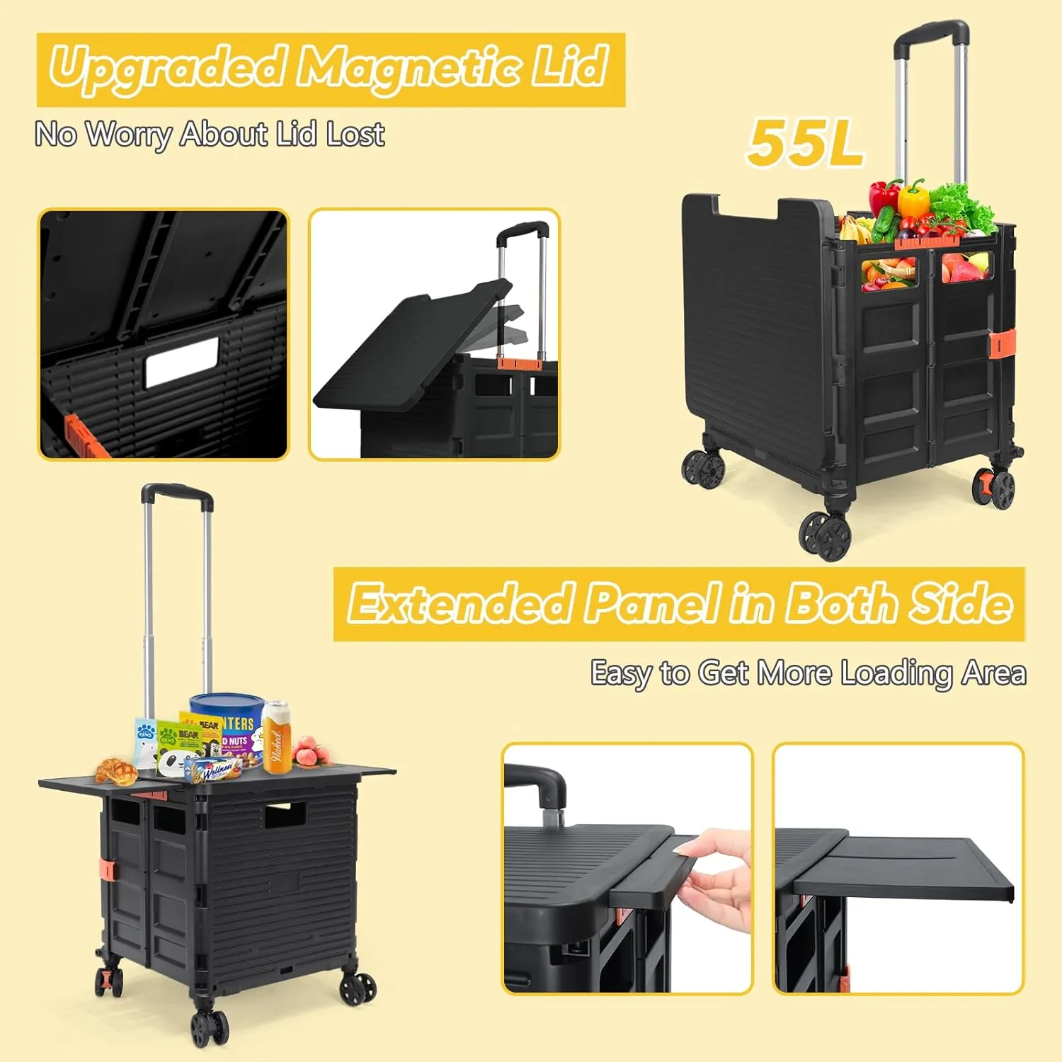 FELICON SELORSS Folding Utility Cart Rolling Crate Tote Basket Box Storage Handcart on 4 Swivel Wheels with Adjustable Handle Extended Magnetic Lid for Teacher Move Shop Travel Grocery Office(Black)