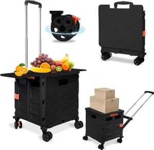 FELICON SELORSS Folding Utility Cart Rolling Crate Tote Basket Box Storage Handcart on 4 Swivel Wheels with Adjustable Handle Extended Magnetic Lid for Teacher Move Shop Travel Grocery Office(Black)