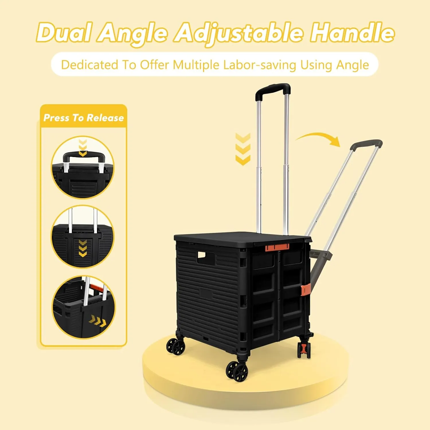 FELICON SELORSS Folding Utility Cart Rolling Crate Tote Basket Box Storage Handcart on 4 Swivel Wheels with Adjustable Handle Extended Magnetic Lid for Teacher Move Shop Travel Grocery Office(Black)