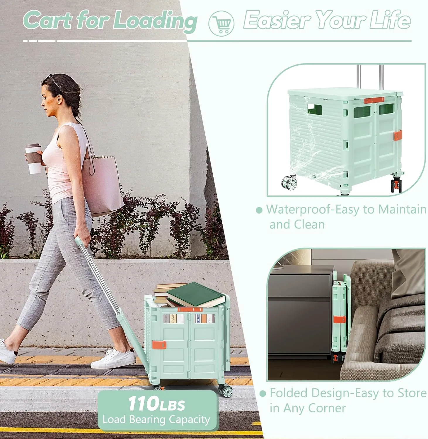 FELICON SELORSS Folding Utility Cart Rolling Crate Tote Basket Box Storage Handcart on 4 Swivel Wheels with Adjustable Handle Extended Magnetic Lid for Teacher Move Shop Travel Grocery Office(Green)