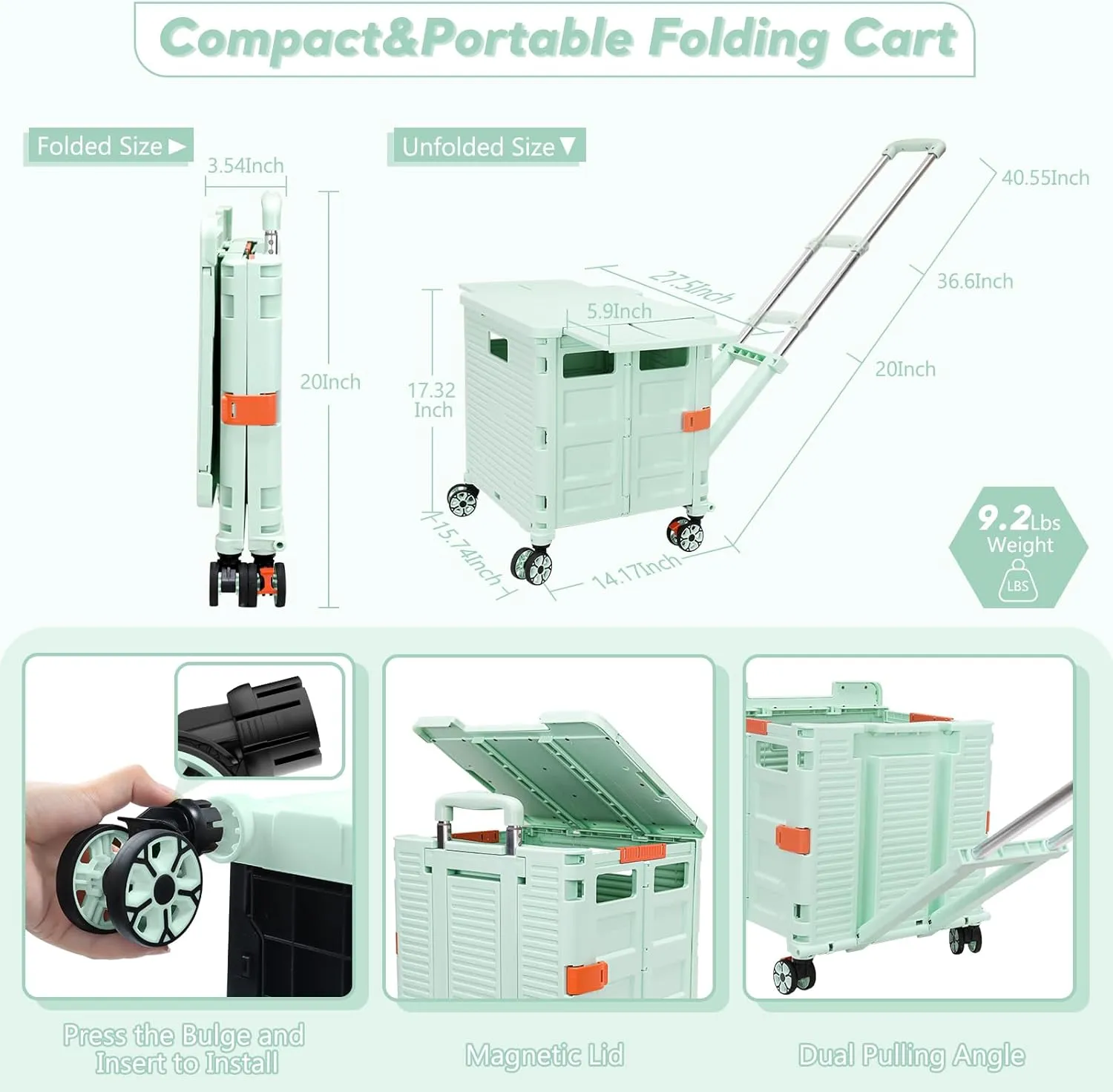 FELICON SELORSS Folding Utility Cart Rolling Crate Tote Basket Box Storage Handcart on 4 Swivel Wheels with Adjustable Handle Extended Magnetic Lid for Teacher Move Shop Travel Grocery Office(Green)