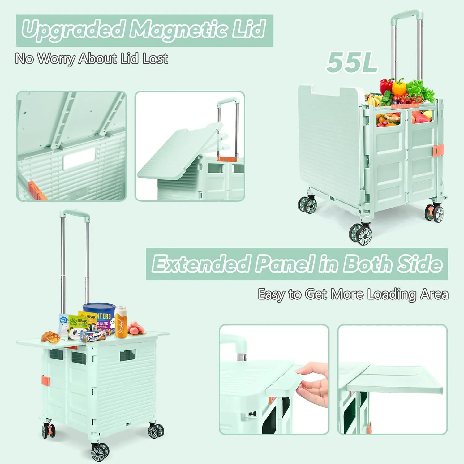 FELICON SELORSS Folding Utility Cart Rolling Crate Tote Basket Box Storage Handcart on 4 Swivel Wheels with Adjustable Handle Extended Magnetic Lid for Teacher Move Shop Travel Grocery Office(Green)