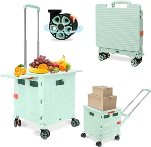 FELICON SELORSS Folding Utility Cart Rolling Crate Tote Basket Box Storage Handcart on 4 Swivel Wheels with Adjustable Handle Extended Magnetic Lid for Teacher Move Shop Travel Grocery Office(Green)