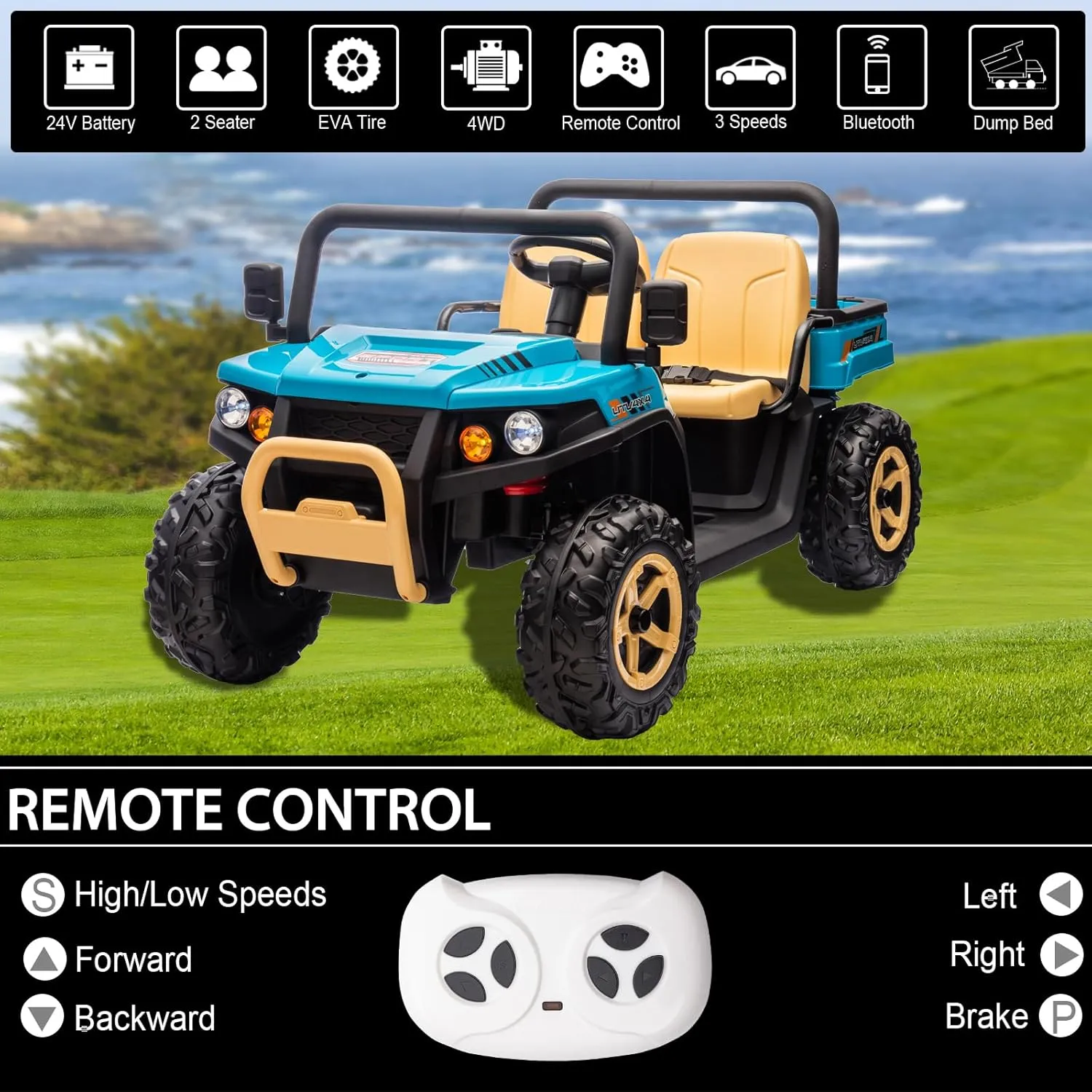 FINITO 24V 4WD Ride On Electric Dump Truck for Kids with Parents Remote Control, Electric Vehicles with Dump Bed and 4 EVA Wheels, Battery Powered Side by Side Buggy, 2 Seater Ride On Tractor, Blue