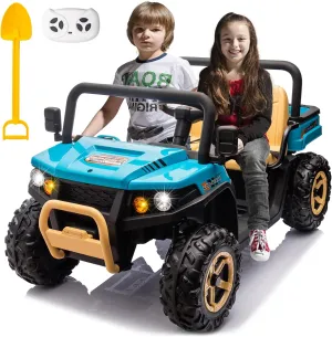 FINITO 24V 4WD Ride On Electric Dump Truck for Kids with Parents Remote Control, Electric Vehicles with Dump Bed and 4 EVA Wheels, Battery Powered Side by Side Buggy, 2 Seater Ride On Tractor, Blue