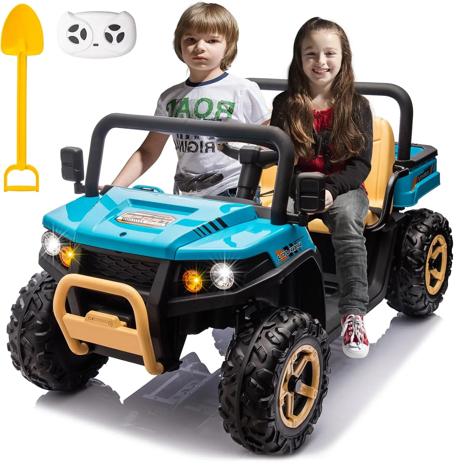 FINITO 24V 4WD Ride On Electric Dump Truck for Kids with Parents Remote Control, Electric Vehicles with Dump Bed and 4 EVA Wheels, Battery Powered Side by Side Buggy, 2 Seater Ride On Tractor, Blue