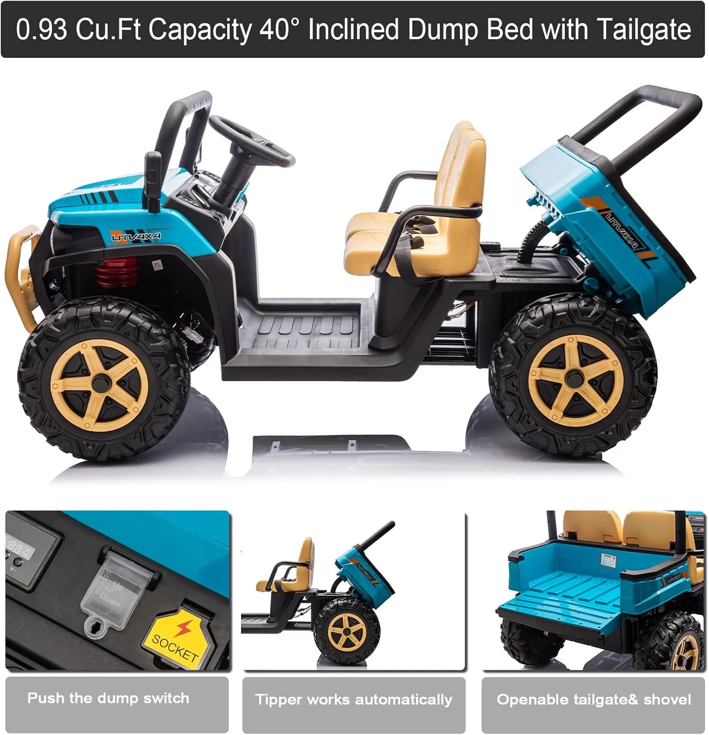 FINITO 24V 4WD Ride On Electric Dump Truck for Kids with Parents Remote Control, Electric Vehicles with Dump Bed and 4 EVA Wheels, Battery Powered Side by Side Buggy, 2 Seater Ride On Tractor, Blue