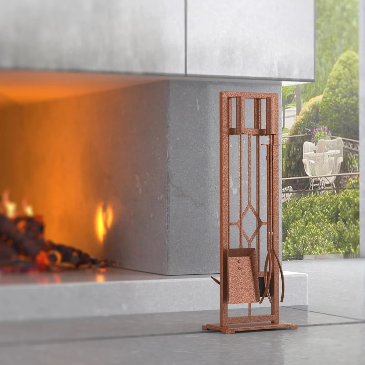 Fire Beauty 5 Pieces Fireplace Tools Set Wrought Iron Fire Place Pit Poker Holder(Antique Bronze)