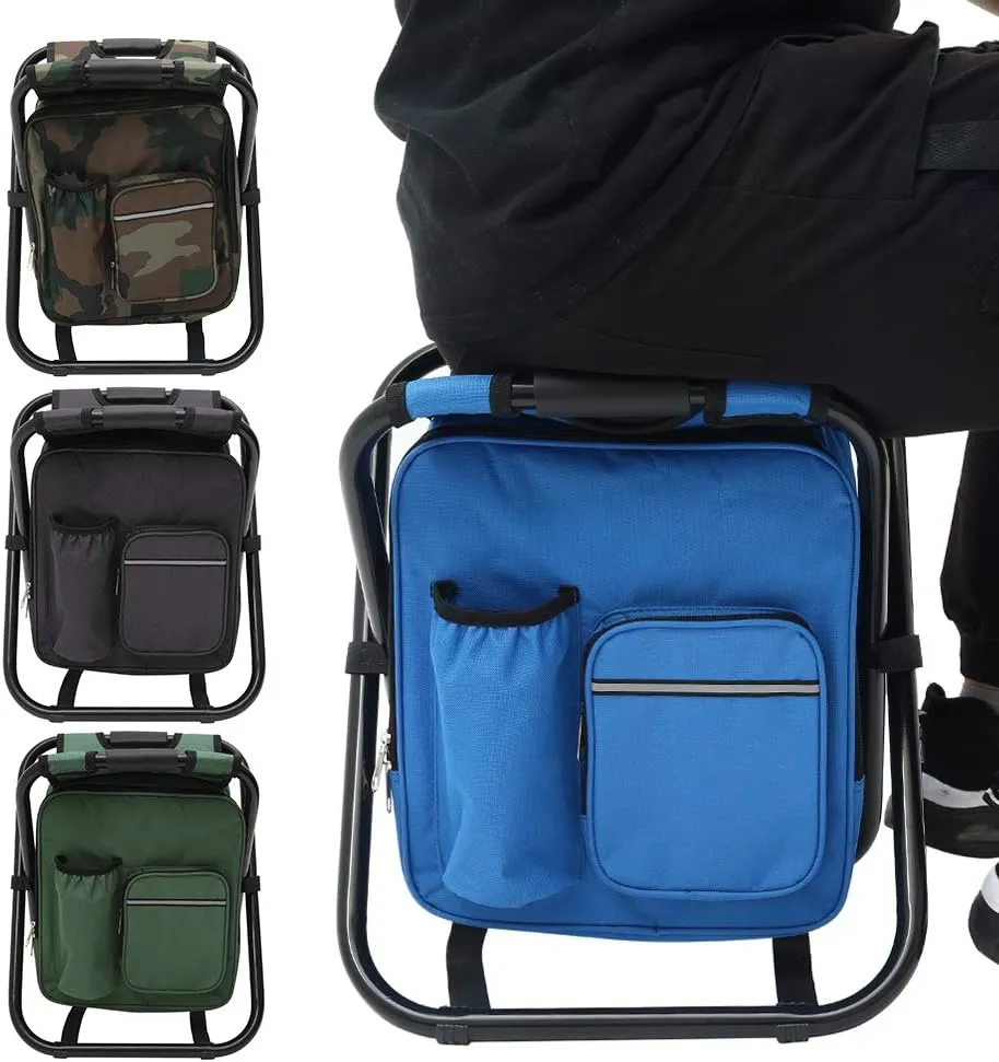 Fishing Chair with Bags, Foldable Camping Chair with Cooler Bag Waterproof Fishing Stool Collapsible Camping Hunting Fishing Chair Storage Bag with Belt for Outdoor Fishing Beach Hiking (green)
