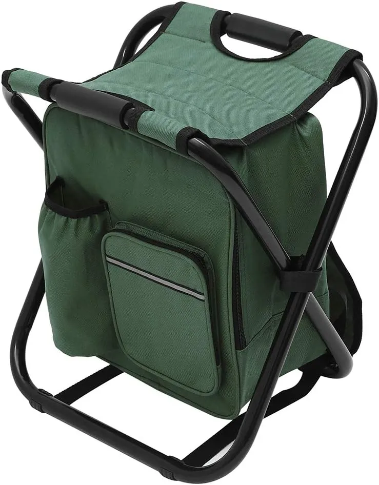 Fishing Chair with Bags, Foldable Camping Chair with Cooler Bag Waterproof Fishing Stool Collapsible Camping Hunting Fishing Chair Storage Bag with Belt for Outdoor Fishing Beach Hiking (green)
