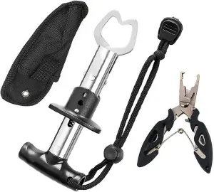 Fishing Pliers Scissors Fish Gripper Holder Set, Stainless Steel Multi Tools Sea Ice Fishing Gear with Sheath Bag and Lanyard for Hook Remover Line Cutting and Split Rings