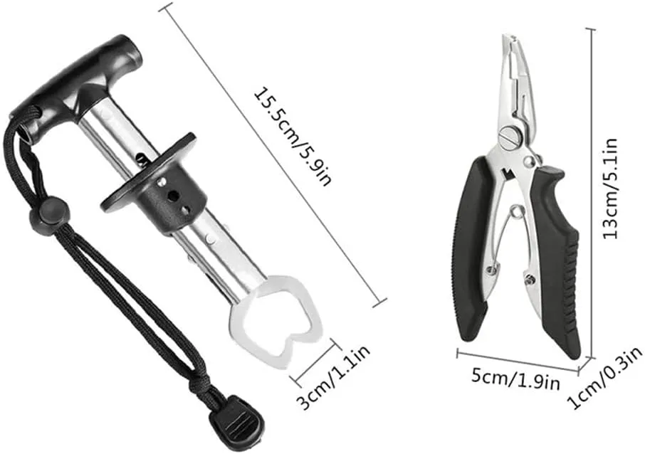 Fishing Pliers Scissors Fish Gripper Holder Set, Stainless Steel Multi Tools Sea Ice Fishing Gear with Sheath Bag and Lanyard for Hook Remover Line Cutting and Split Rings
