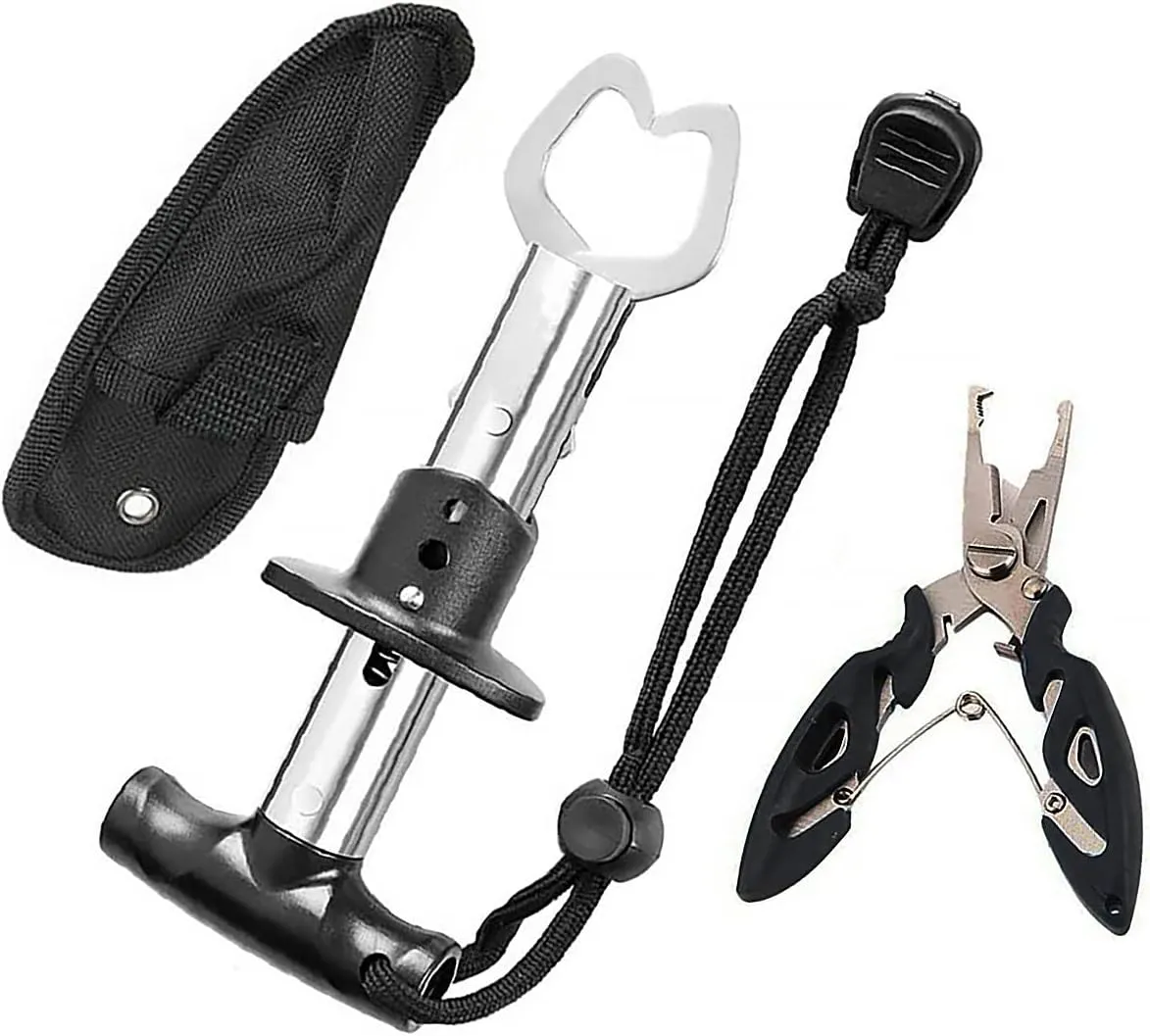 Fishing Pliers Scissors Fish Gripper Holder Set, Stainless Steel Multi Tools Sea Ice Fishing Gear with Sheath Bag and Lanyard for Hook Remover Line Cutting and Split Rings