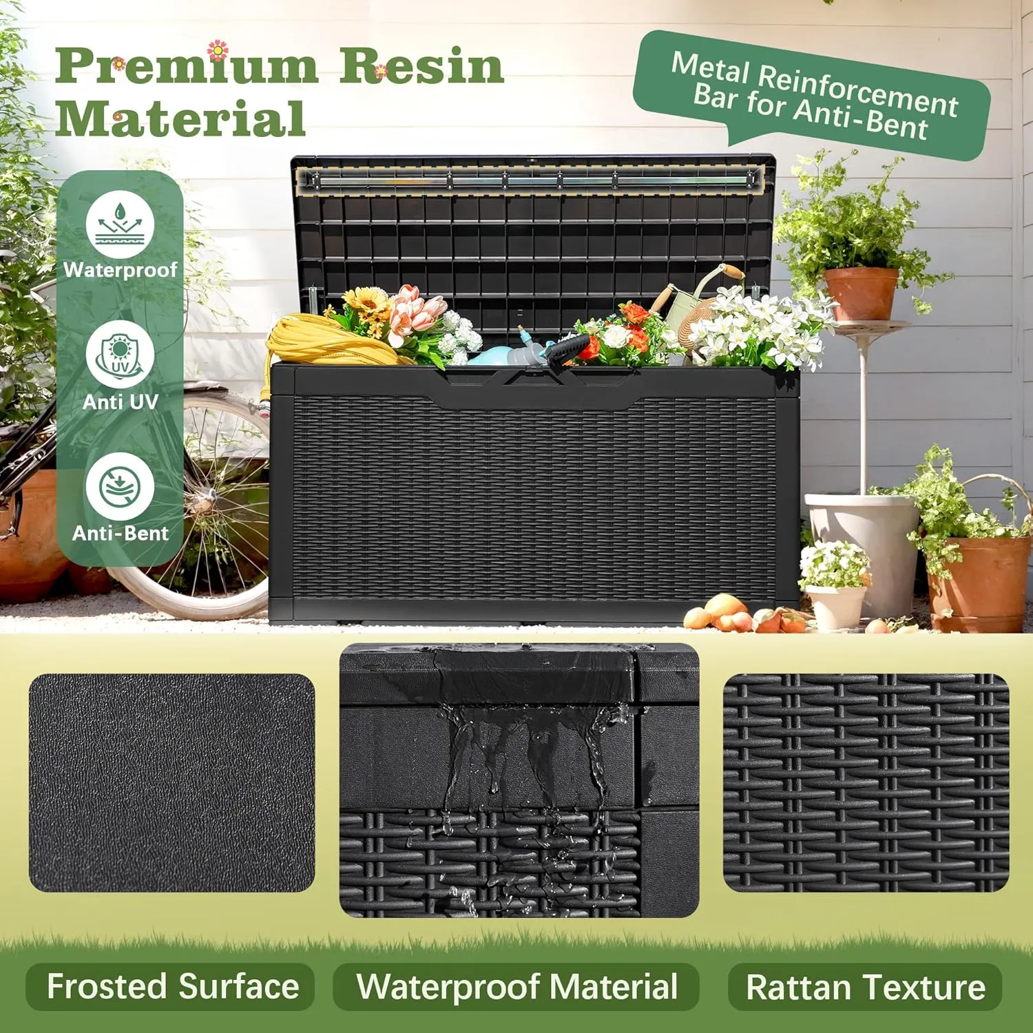 Flamaker Outdoor Storage Box 100 Gallon Waterproof Resin Deck Box Delivery Box with Air Rod Indoor Outdoor Lockable Storage Bench for Patio Cushions, Tools, Pool Accessories (Black)